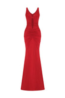 Red AWAVE strappy maxi dress with drape detailing, featuring a flowing silhouette and elegant strap design.