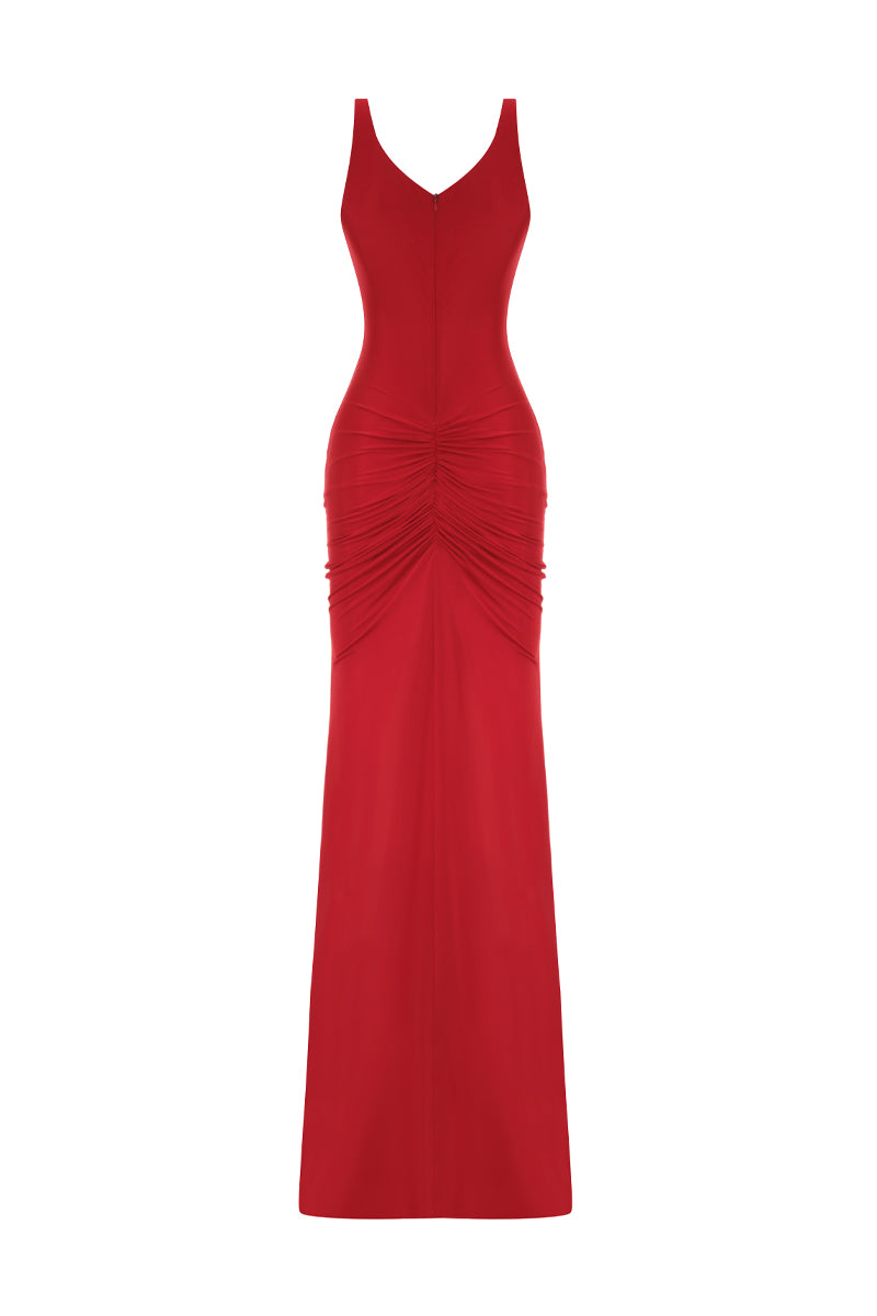 Red AWAVE strappy maxi dress with elegant drape detailing, shown on a model, perfect for formal or summer occasions.