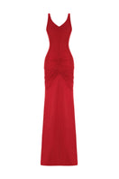 Red AWAVE strappy maxi dress with elegant drape detailing, shown on a model, perfect for formal or summer occasions.