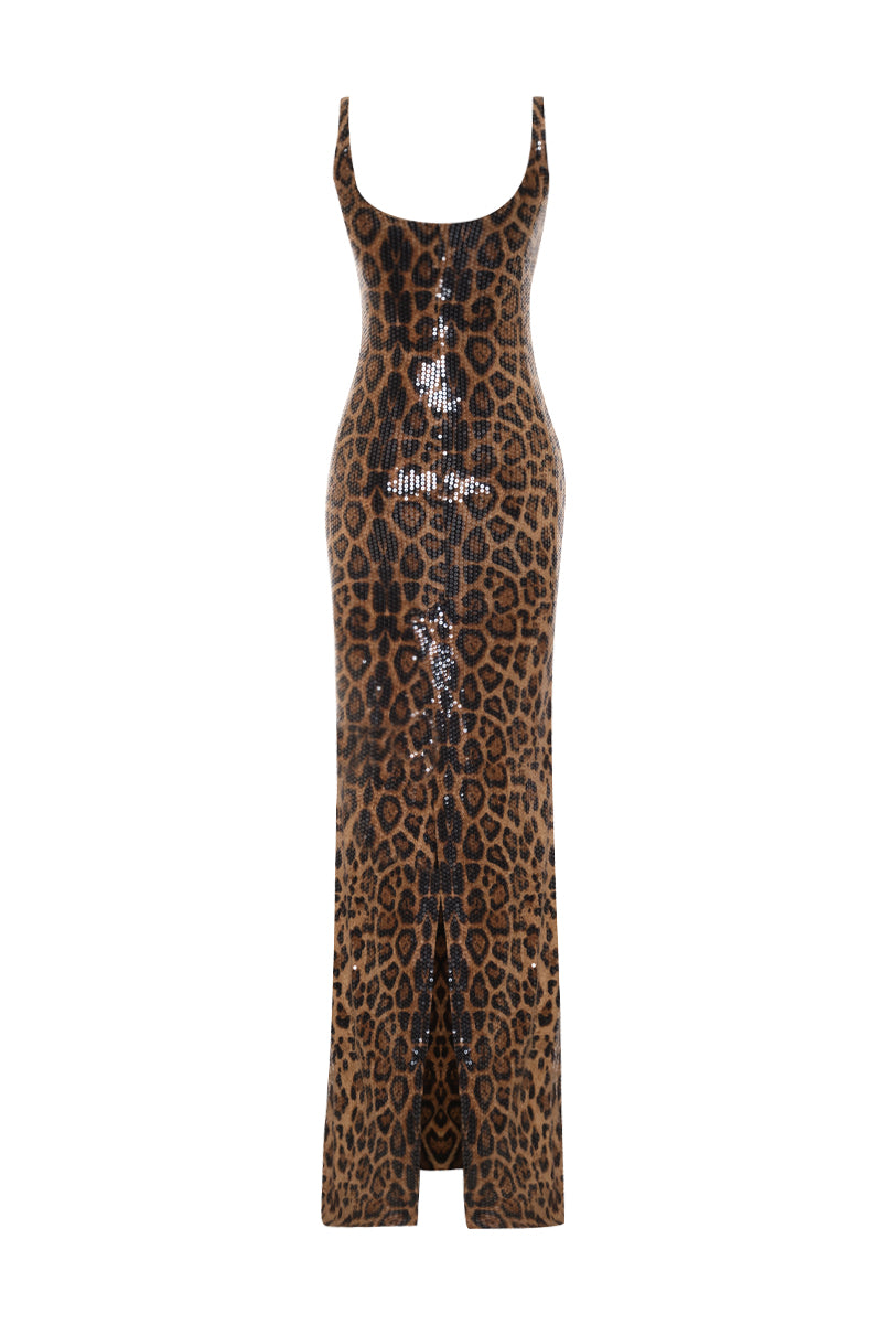 AWAVE leopard print maxi gown with thin straps and detailed cape design, elegant and flowy for formal occasions.