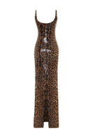 AWAVE leopard print maxi gown with thin straps and detailed cape design, elegant and flowy for formal occasions.