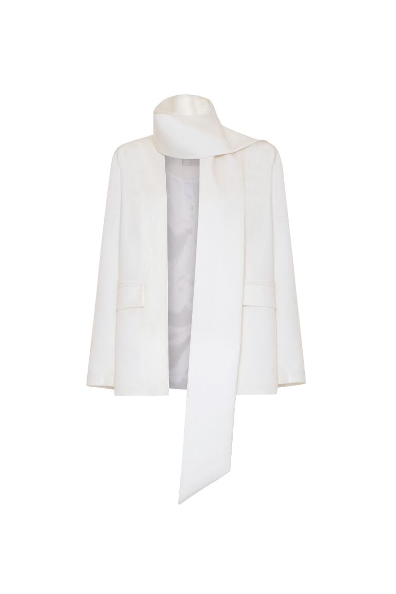 AWAVE suit set featuring a stylish jacket with a detachable shawl collar and matching mini shorts, perfect for chic occasions.