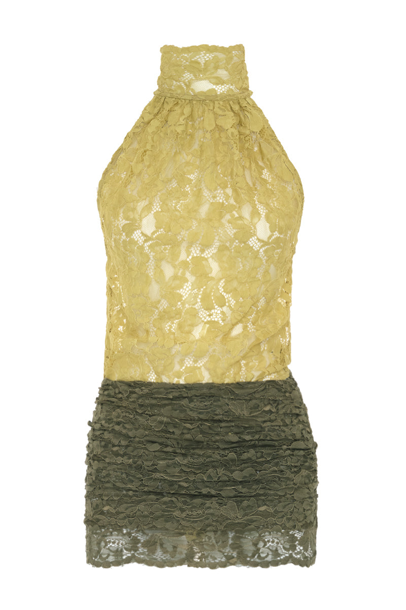 AWAVE turtleneck bodysuit with draped mini skirt, stylish and form-fitting, perfect for chic fashion looks.