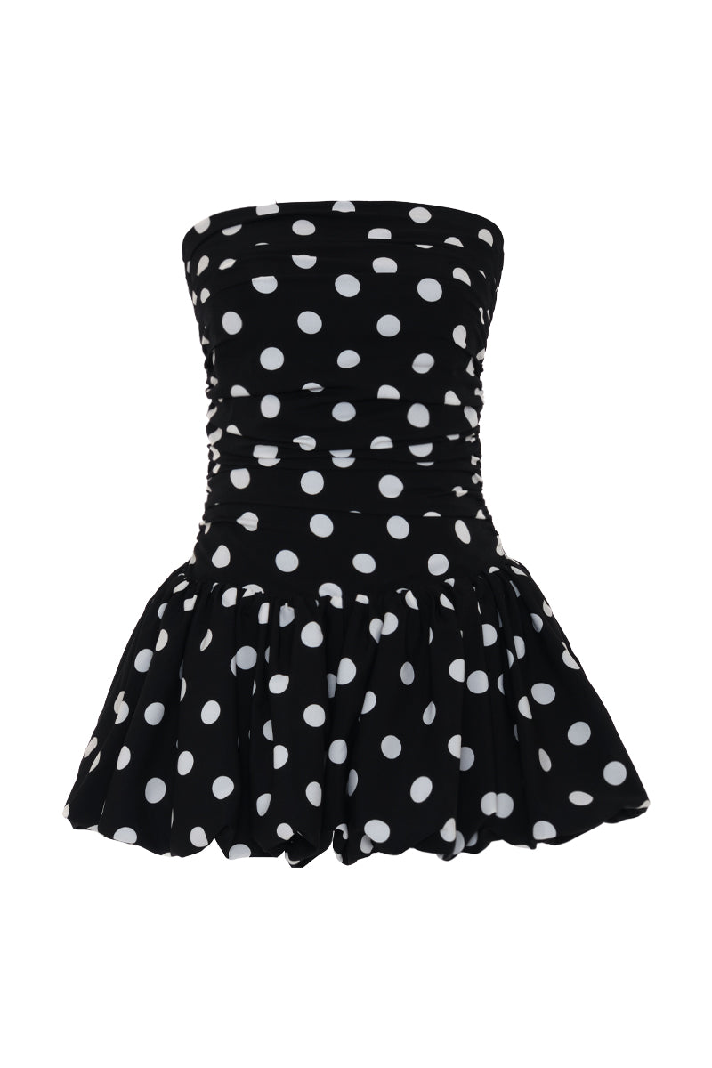 AWAVE ruched strapless mini dress with a balloon skirt, stylish and elegant for special occasions or trendy events.