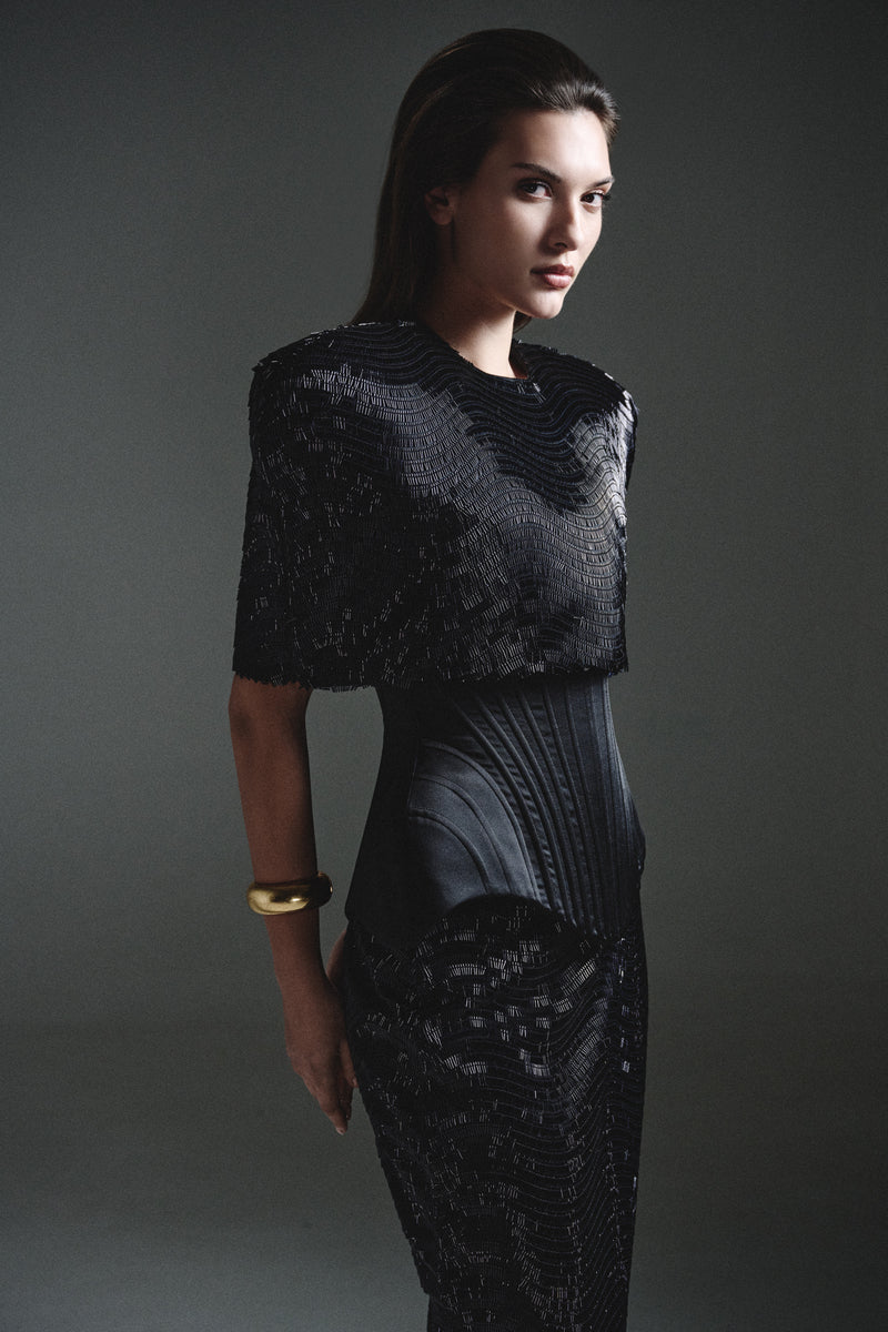 Black sequin cape jacket by Balykina, featuring shimmering sequins and elegant design for stylish wear.