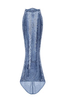Blue sequined maxi skirt by BALYKINA, featuring a flowing design and shimmering fabric, perfect for elegant occasions.