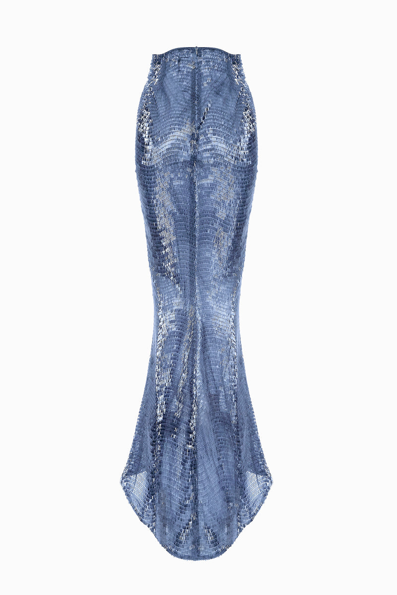 Blue sequin maxi skirt by Balykina featuring flowing fabric and a high waist, perfect for elegant occasions.