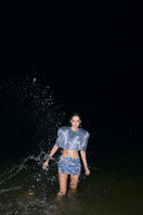 Blue sequin cape jacket by Balykina, stylish and shimmering, featuring intricate sequin detailing and a flowing design.