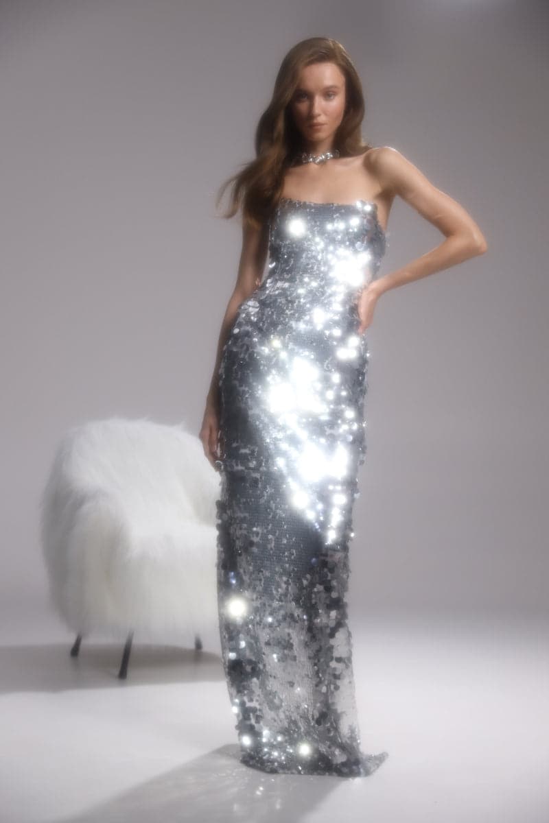TIBI SILVER SEQUIN STRAPLESS MAXI DRESS | CULT MIA | BALYKINA TIBI SILVER SEQUIN STRAPLESS MAXI DRESS | CULT MIA | BALYKINA