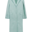 Light blue Sayya coat cape displayed on a hanger, showcasing its elegant fabric and stylish design for women.