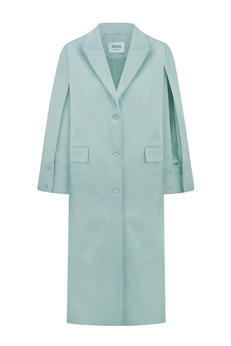 Light blue Sayya coat cape displayed on a hanger, showcasing its elegant fabric and stylish design for women.