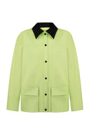Green denim jacket from Sayya, stylish and casual outerwear with button closure and classic collar, shown on a hanger.