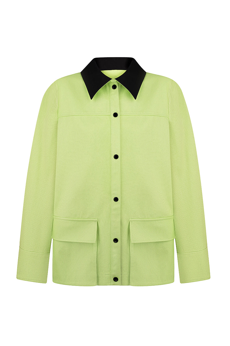 Green denim jacket from Sayya, stylish and casual outerwear with button closure and classic collar, shown on a hanger.