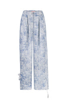 Sayya soft blue patterned pants with relaxed fit and comfortable fabric, showcased in a casual clothing style.