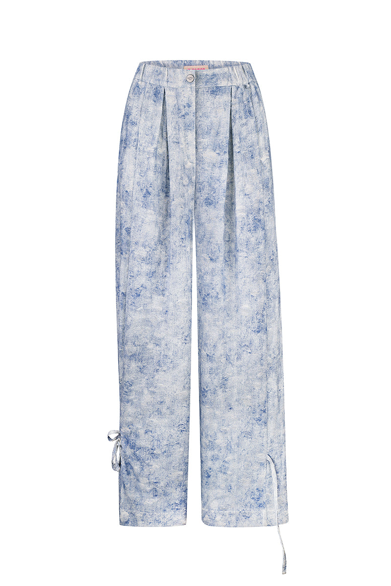 Sayya soft blue patterned pants with relaxed fit and comfortable fabric, showcased in a casual clothing style.