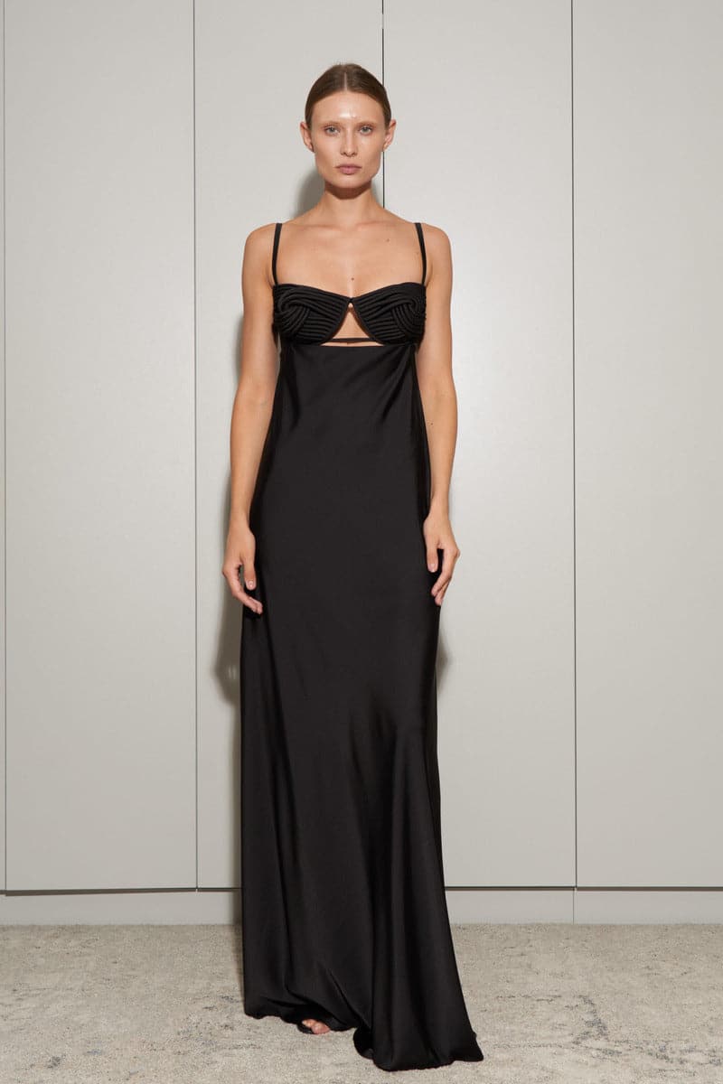 BLACK SILK CORSET MAXI DRESS - CULT MIA