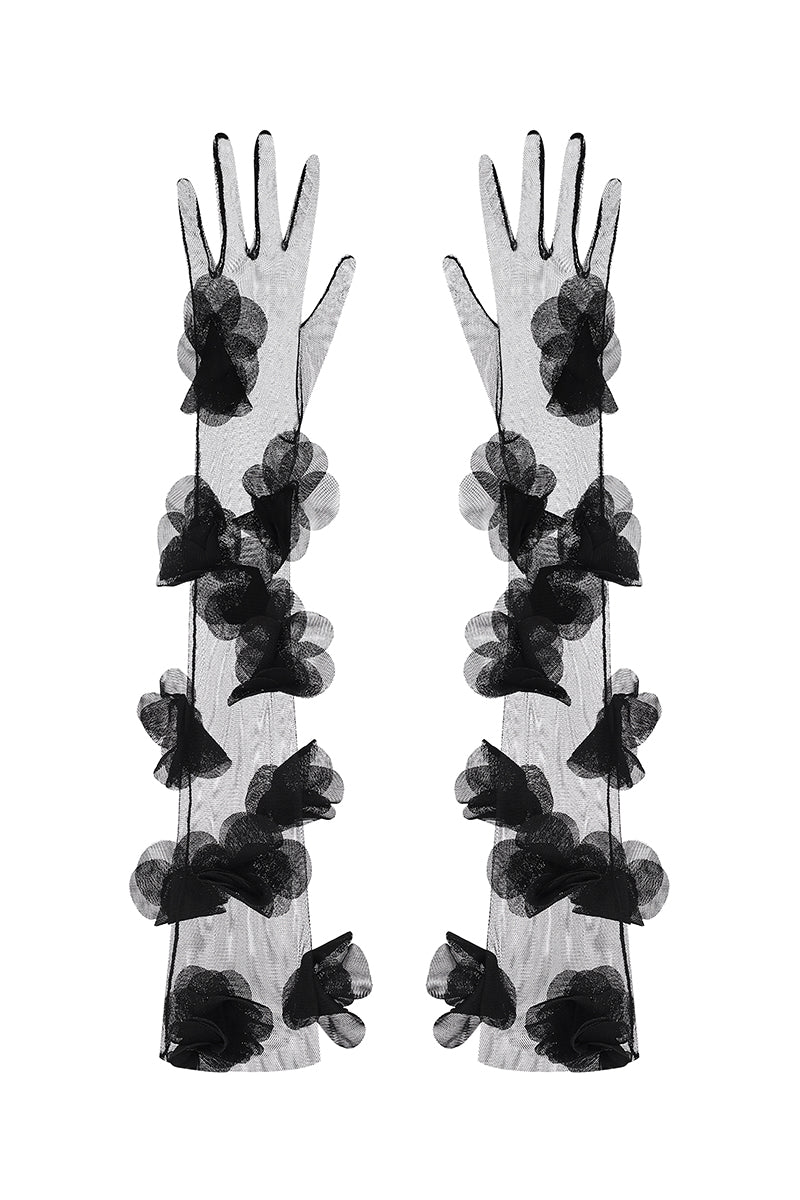 TULLE BLOSSOM GLOVES IN MIDNIGHT BLACK