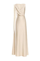 Arti Apparel ARISA maxi dress in flowing fabric with a fitted bodice and wide shoulder straps, displayed on a hanger.