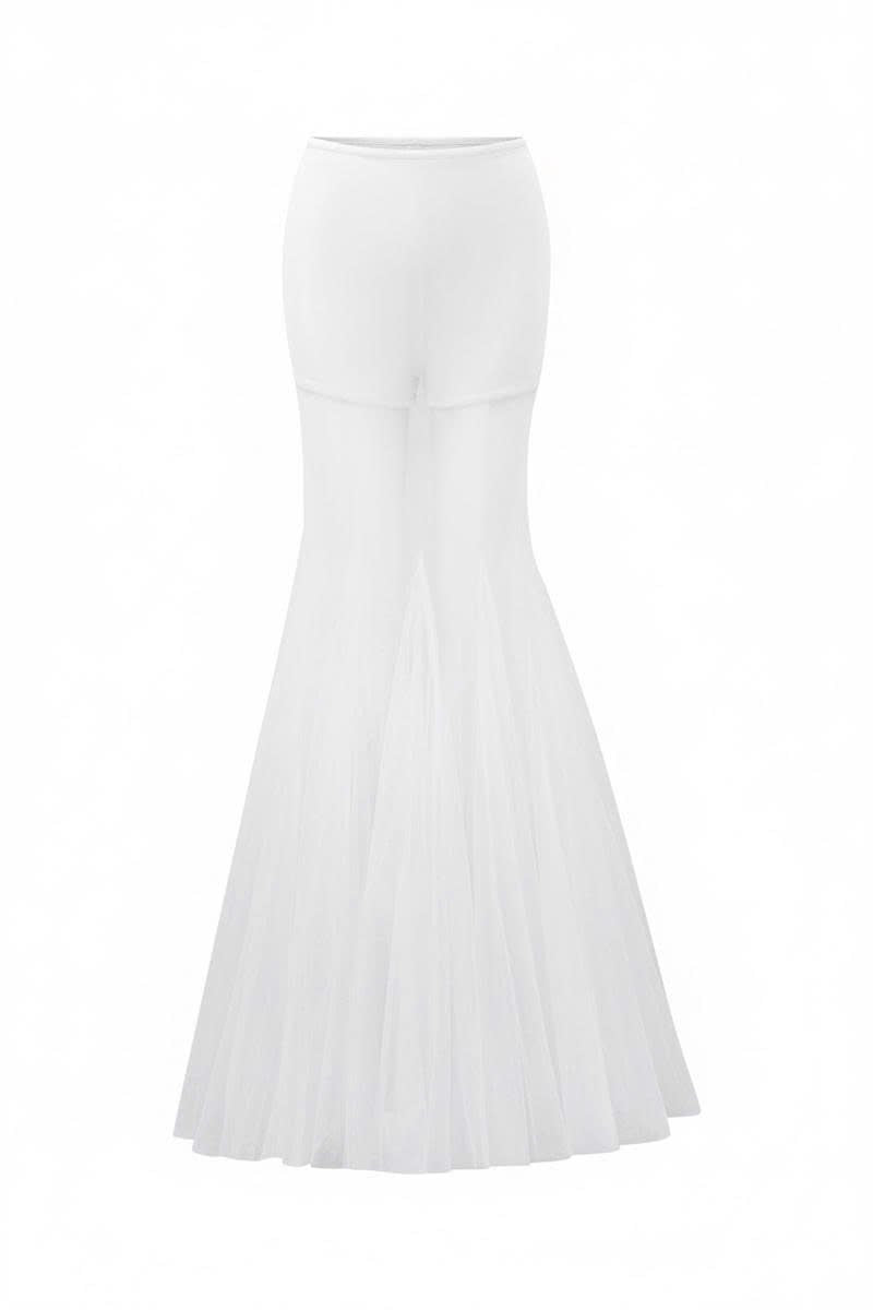 Arti Apparel Grace maxi skirt in flowing fabric with a high waist and elegant design, displayed on a hanger.