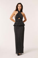 Black Señorita Sofia maxi dress displayed on a mannequin, showcasing its elegant flowy fabric and classic silhouette.