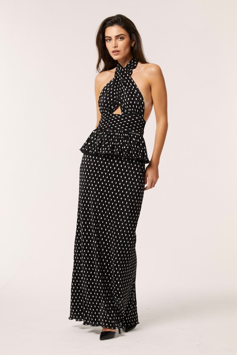 Señorita Sofia black maxi dress displayed on a hanger with flowing fabric and elegant design, perfect for stylish occasions.