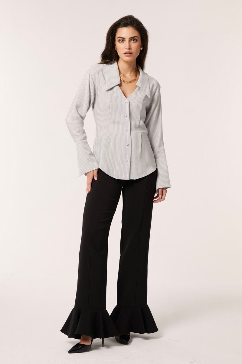 Gray Alba blouse by Señorita, stylish shirt featuring a lightweight fabric and classic design, displayed on a hanger.