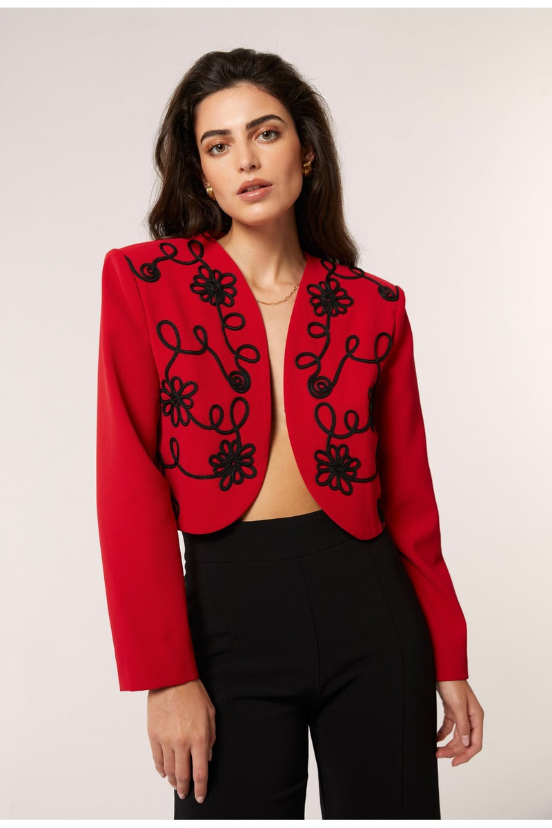 Red Señorita Rosalia jacket with stylish design, featuring a fitted silhouette and lightweight fabric, perfect for casual wear.