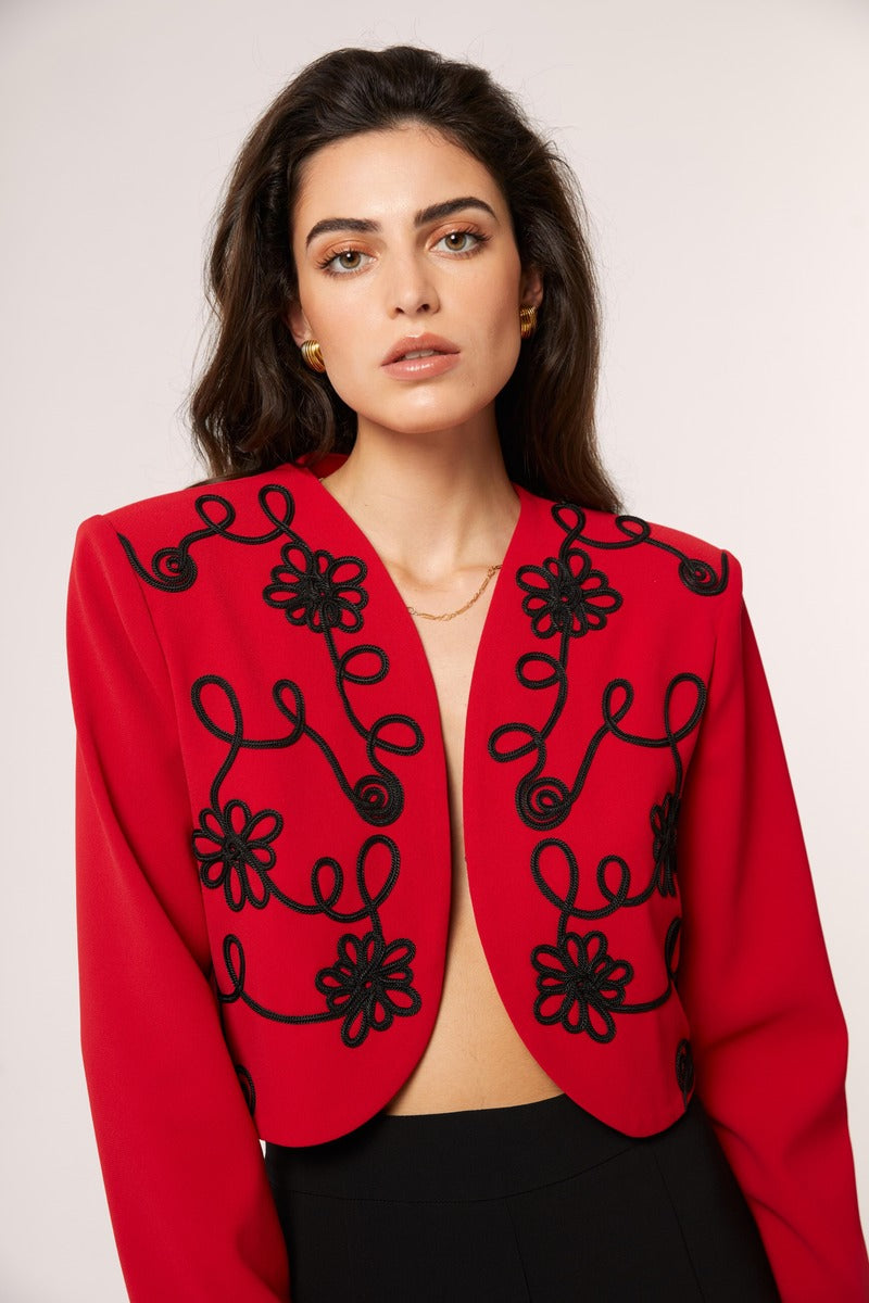 Señorita Rosalía Red Jacket, stylish outerwear with a vibrant red color, featuring a fitted design and button details.