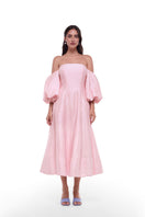 BY HAÓ Petal Pink Magnifica Midi Dress displayed on a hanger, showcasing its elegant flowy fabric and stylish design.