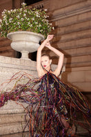 Alersundi Marilyn gown displayed on a mannequin, elegant long evening dress with intricate detailing and flowing fabric.
