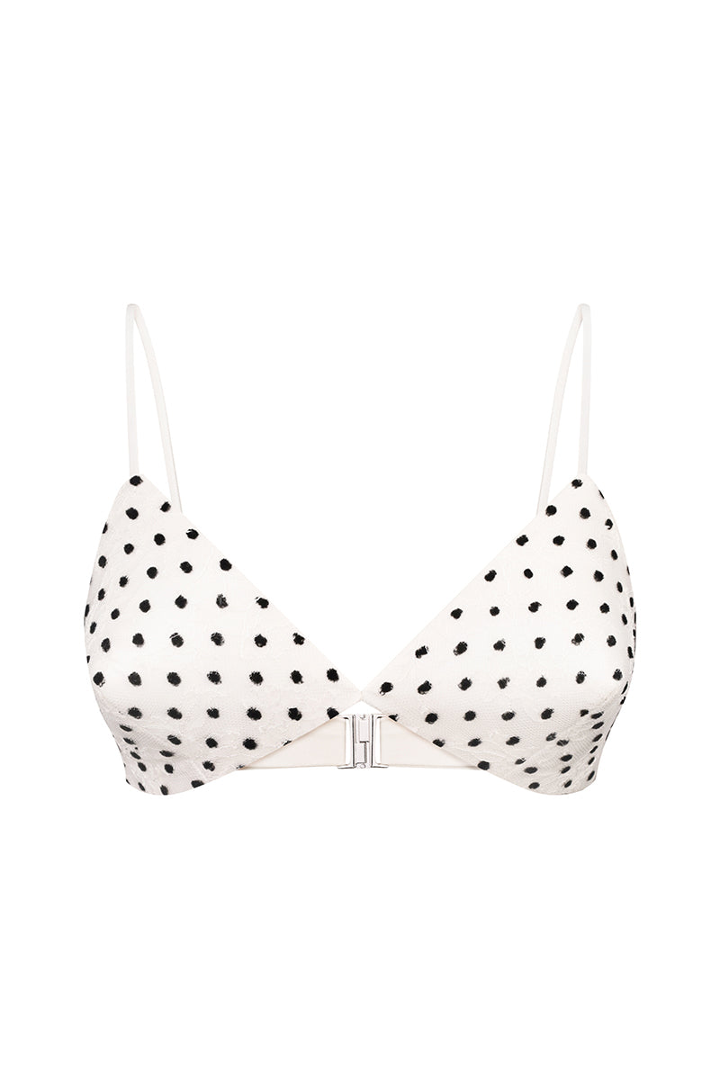 Nué MIMI Bullet Bra in white and black with smooth cups and adjustable straps, showcasing stylish and comfortable lingerie design.
