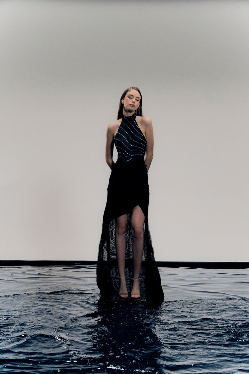 Francisco Arce black gown named LYRA DRESS, elegant floor-length dress with a fitted bodice and flowing skirt.