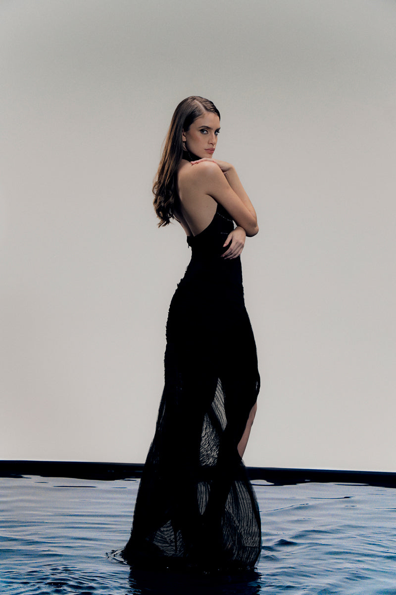 Elegant black gown by Francisco Arce featuring a flowing design, perfect for formal occasions, shown in the LYRA DRESS product image.