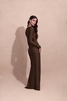 Laura Escobar DUNA MOCCA maxi dress featuring a flowing, earthy-toned fabric with a relaxed fit and elegant neckline.