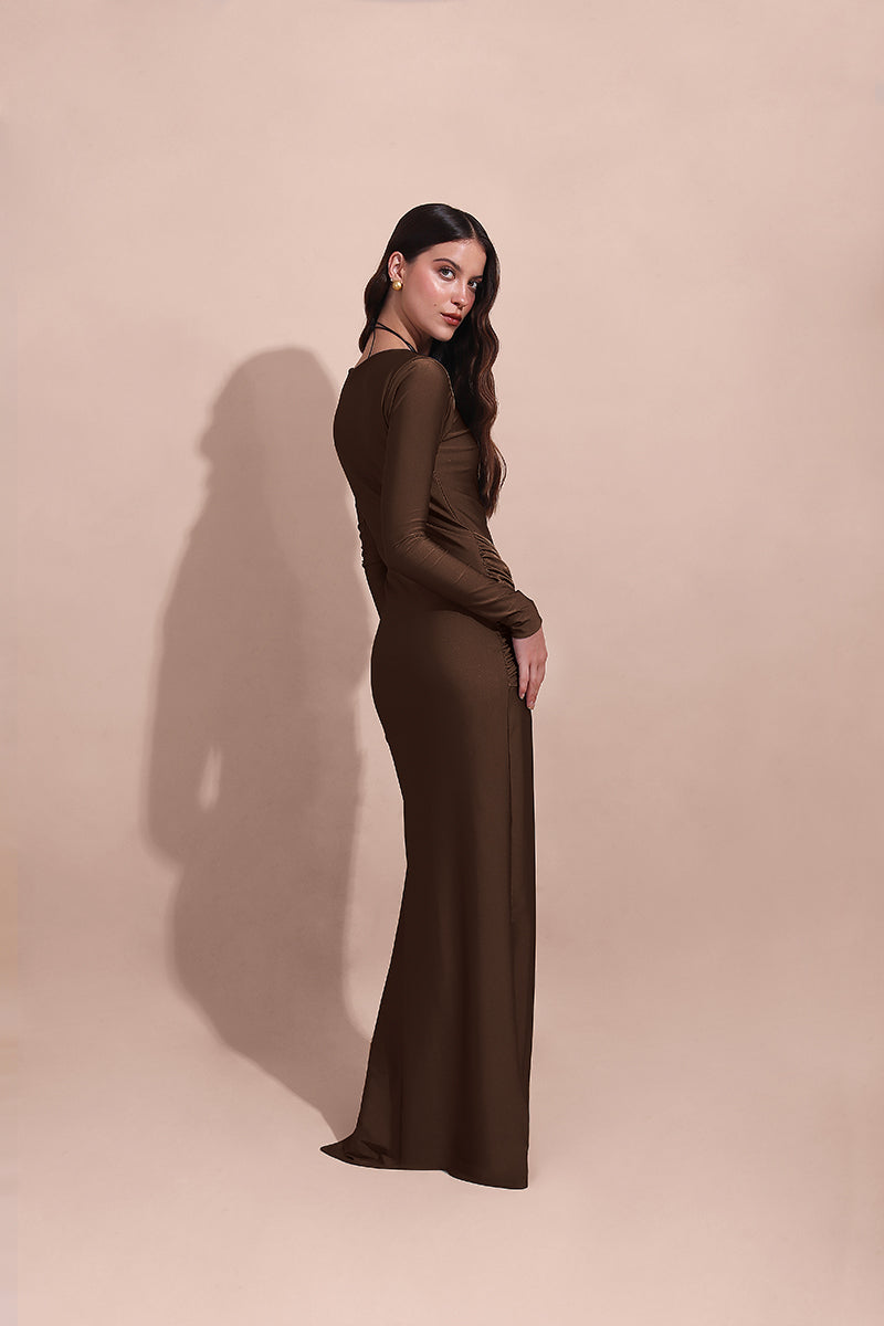 Laura Escobar DUNA MOCCA maxi dress featuring a flowing, earthy-toned fabric with a relaxed fit and elegant neckline.
