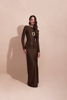Laura Escobar Duna Mocca Maxi Dress featuring flowy fabric and a stylish design, perfect for elegant summer occasions.