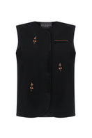Black rose embroidered vest from DELEGAN, featuring intricate floral embroidery on a stylish vest for women.