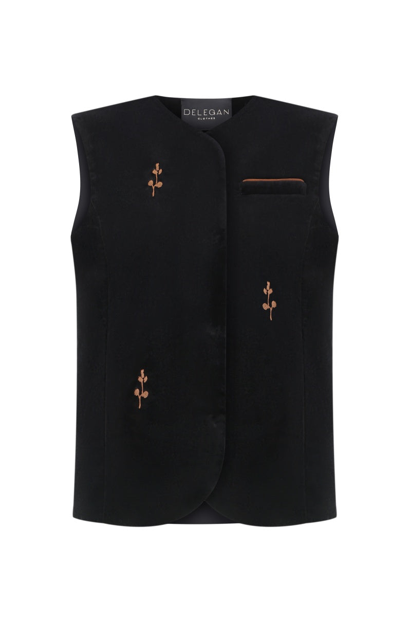 Black rose embroidered vest from DELEGAN, featuring intricate floral embroidery on a stylish vest for women.