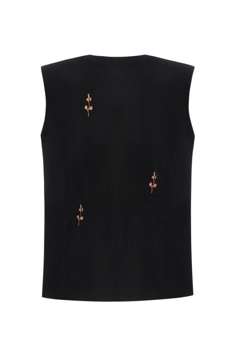 Black rose embroidered vest by DELEGAN, featuring detailed floral embroidery and a stylish, fitted design.