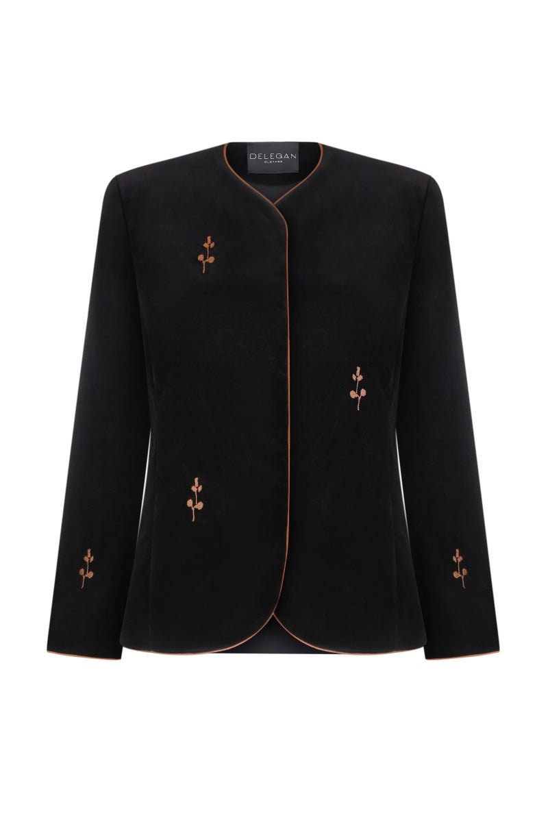Black rose embroidered jacket by DELEGAN, showcasing detailed floral embroidery on a stylish jacket front view.