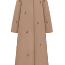 Beige rose embroidered trench coat by DELEGAN, featuring floral embroidery and classic coat design, displayed on a hanger.