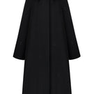 Black trench coat by Delegan hanging on a wooden hanger, showcasing classic design and tailored fit.