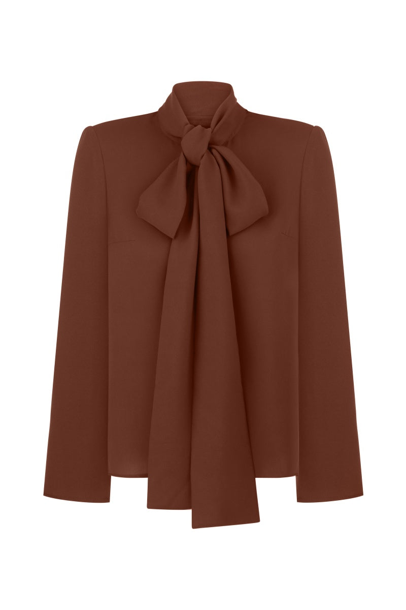 Brown DELEGAN blouse with a stylish scarf accessory, featuring long sleeves and a relaxed fit.