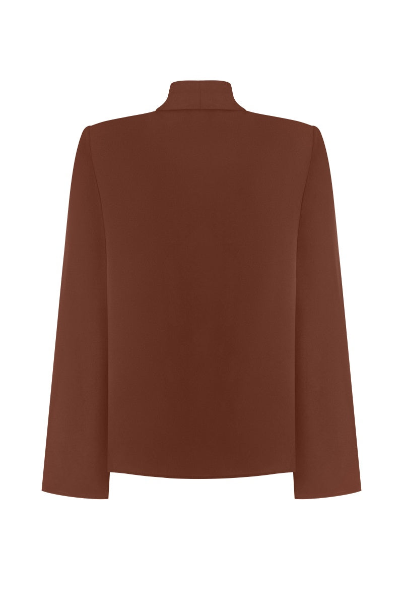 Brown DELEGAN blouse with scarf accessory, featuring long sleeves and a stylish, casual fit.