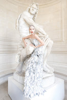 Alersundi silver gown, VINA DRESS, elegant evening dress with flowing fabric and intricate detailing, front view.