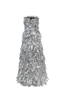 Alersundi VINA silver gown with elegant flowing fabric and intricate detailing, perfect for formal occasions.