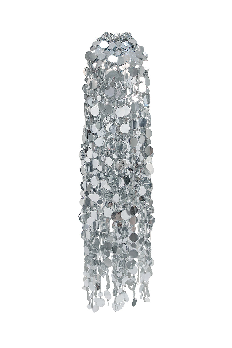 Elegant silver Chantal gown by Alersundi, featuring flowing fabric and detailed design, perfect for formal occasions.