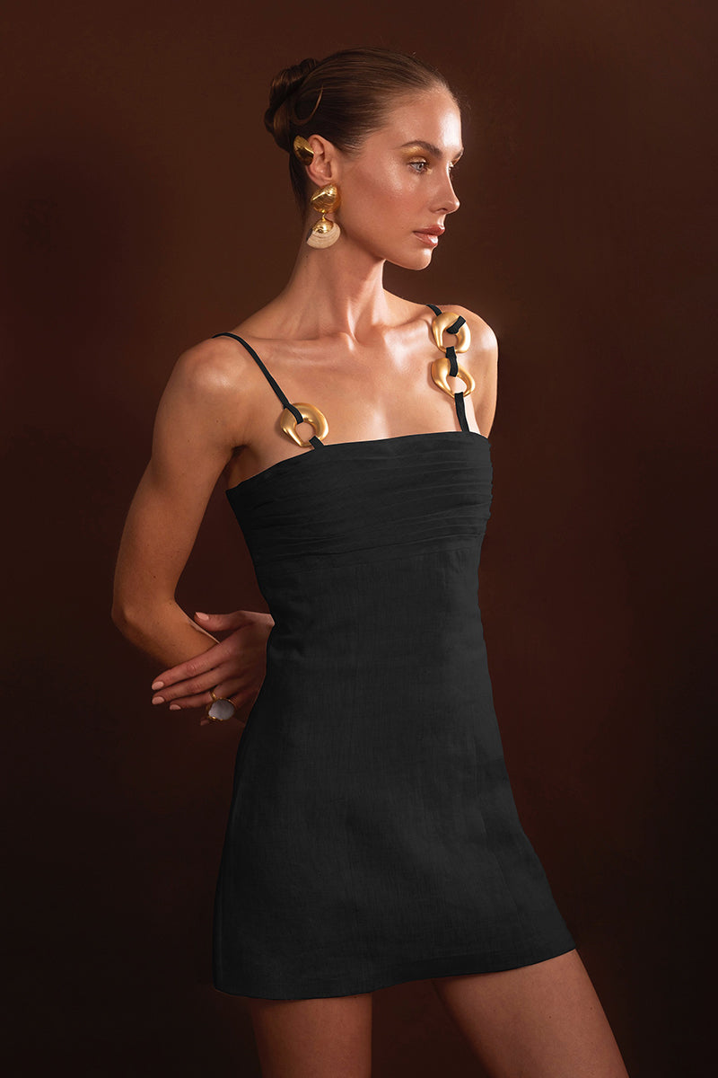 Black SUN mini dress by Laura Escobar, featuring a stylish, fitted silhouette and sleeveless design, perfect for warm weather.