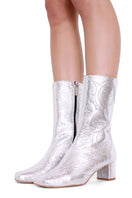 Silver Olivia boots by Terry de Havilland featuring sleek leather design and pointed toes, shown on a white background.
