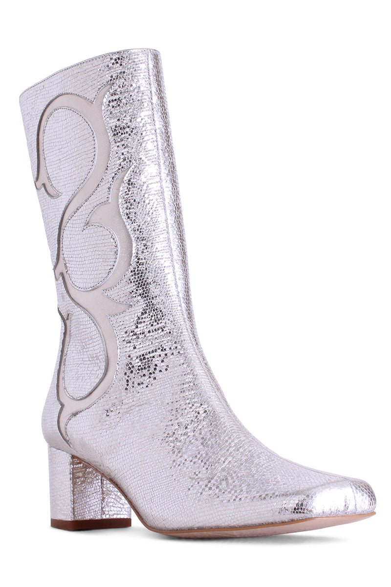 Silver Olivia boots by Terry de Havilland featuring sleek leather design and stylish ankle-height silhouette.